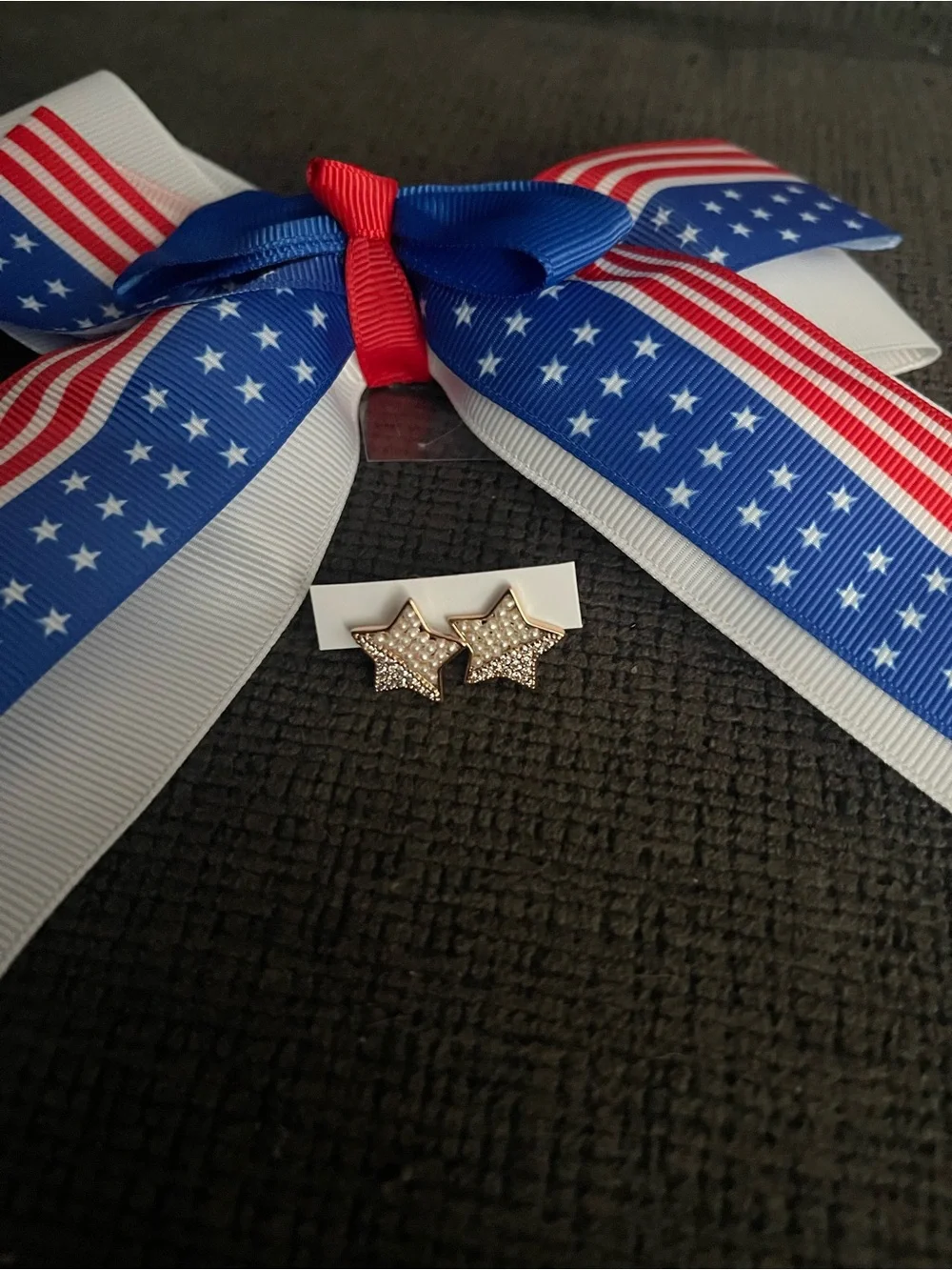 Patriotic Star Ribbon Hair Bow with Rhinestone Star Studs